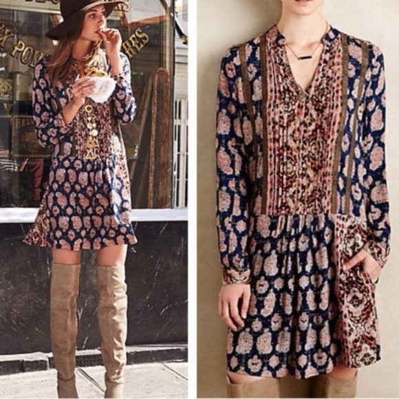 Anthropologie Dresses & Skirts - Anthropologie Tiny Paquerette Boho Floral Colorful Cowgirl Shirt Dress Size XS